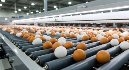 Obraz premium Eggs moving on automated conveyor belt in modern poultry factory representing industrial food production sorting technology and agriculture concept