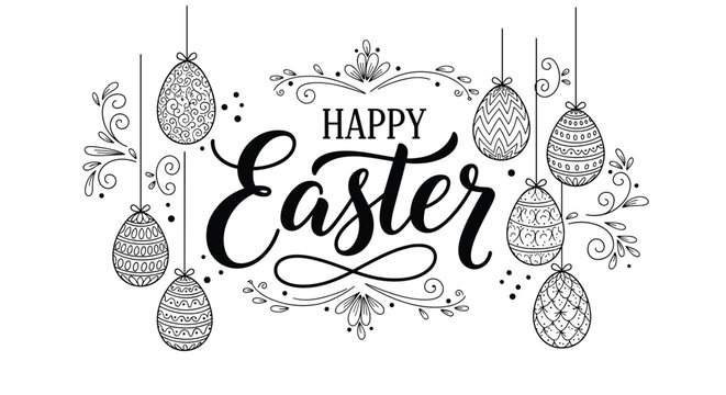 Stylish Happy Easter calligraphic text framed by various hanging patterned eggs and decorative swirls in a classic black and white style.