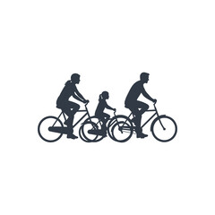 Fototapeta premium Silhouette illustration of a family consisting of a father, mother, and a young child riding bicycles together on a plain white background, side view profile captured in black.