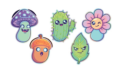 Fototapeta premium Cute Glow Forest Beans Sticker Set on Black Background