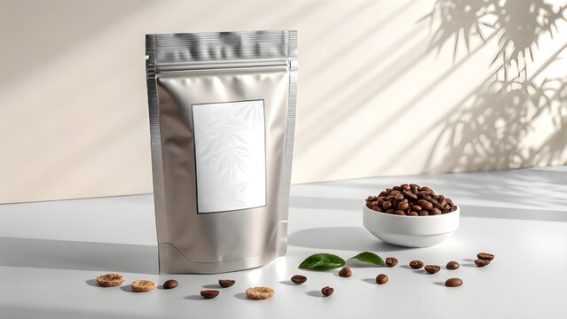 A silver stand-up pouch coffee bag mockup with loose coffee beans and green leaves, perfect for product branding and packaging design