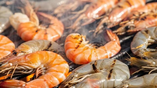 Closeup sequence of prawns grilling on a barbecue grill, sizzling and turning from raw gray to bright orange with smoke and flames in a summer cookout