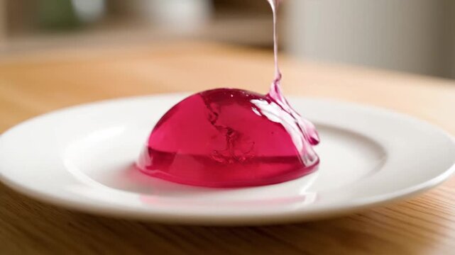Close up of spoon holding red gelatin dessert on white plate