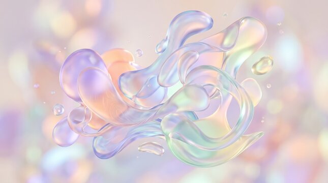Iridescent liquid splashes with holographic texture, abstract glass bubbles in pastel colors, ethereal fluid motion background for creative design