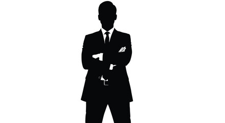 A striking silhouette of a businessman in a suit with arms crossed isolated on a white background © shakil