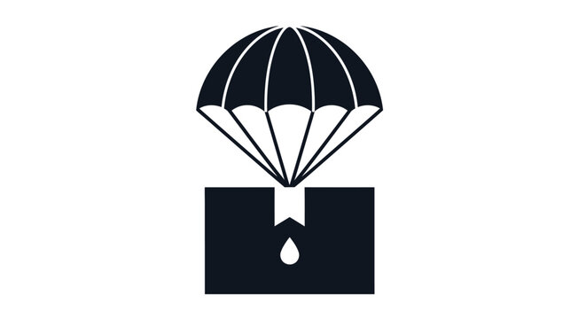 A simple black silhouette depicts a parachute above a box with a single drop falling