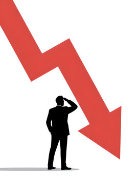 Stressed Businessman Silhouette Looking at Falling Red Arrow: Financial Crisis, Stock Market Crash, and Economic Recession Concept