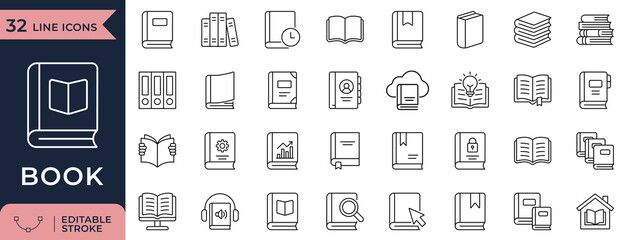 Book, Reading, and Library Minimal Line Icons (Editable Stroke)
