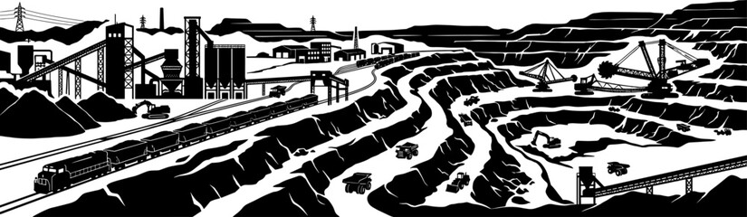 Obraz premium Industrial open pit mine with heavy equipment silhouette