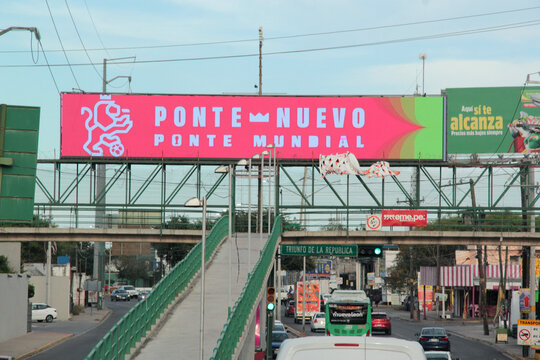Monterrey, Nuevo Leon, Mexico - Jul 30, 2025: Signs Ponte Nuevo Ponte Mundial appear on the streets of Monterrey to prepare the state for the 2026 World Cup