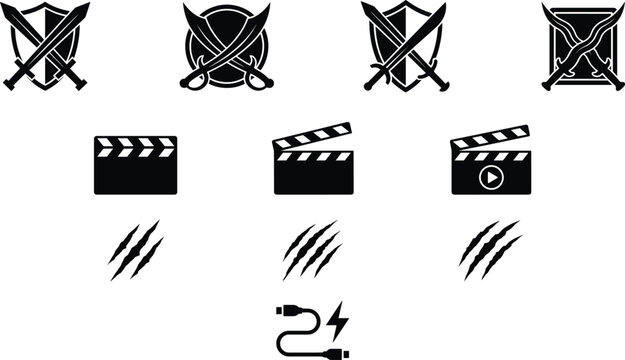 Black vector icons set featuring crossed swords, shields, movie clapperboards, claw marks, and USB cable symbols for creative design use