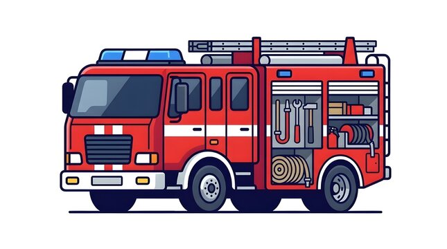 Detailed side view illustration of a modern red fire truck with rescue equipment and ladders. Emergency response and firefighting service concept.