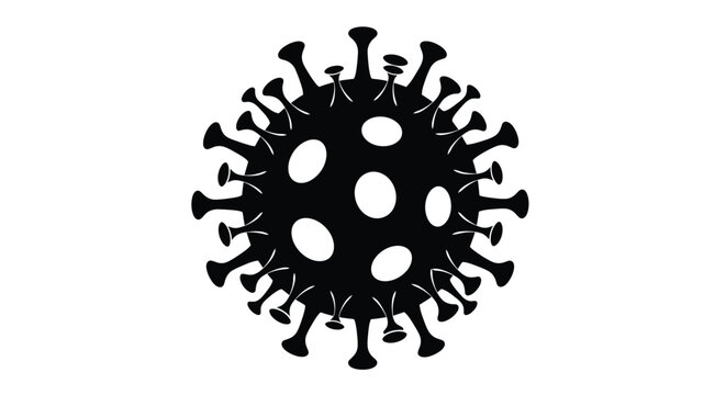 A stark black and white illustration depicts a coronavirus structure with prominent spikes and circular openings