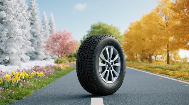 All season car tire on road with changing seasons background, symbolizing year round performance and safety. Ideal for automotive advertising, transport service, and tire marketing banner