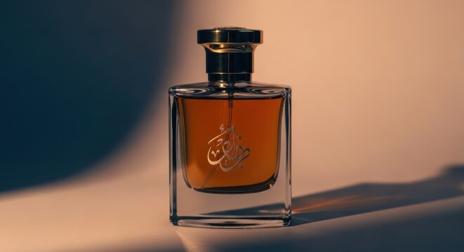 Elegant amber liquid in clear glass bottle