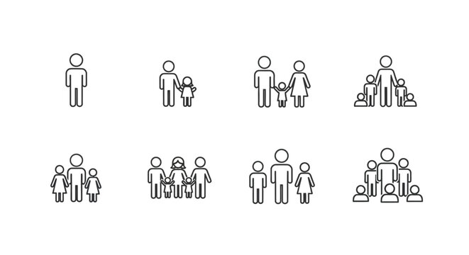 A collection of simple linear icons depicting various family structures and sizes from single individuals to larger groups