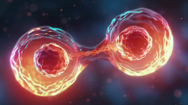 Glowing cell division mitosis biology science microscopic splitting vibrant nucleus cytoplasm dynamic energy medical research laboratory abstract
