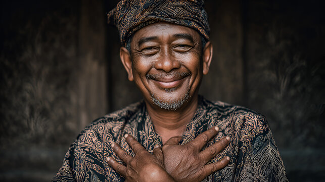 Happy mindful thankful Balinese man wearing traditional udeng putting hands on chest and smiling.