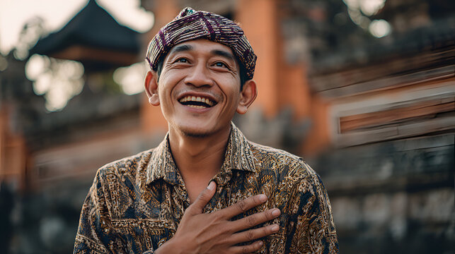 Happy mindful thankful Balinese man wearing traditional udeng putting hands on chest and smiling.