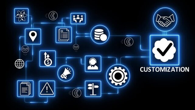 Customization system with flexible configuration and user specific workflow adaptation for digital product development..4K animation video.