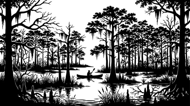 Lone paddler in a canoe silhouette navigating through a cypress swamp