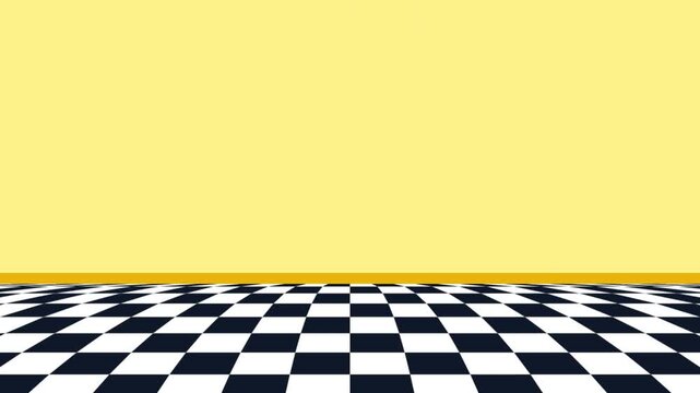 Surreal 2D animation of a pink armchair growing wings and flying away, set against a yellow wall and black and white checkered floor.