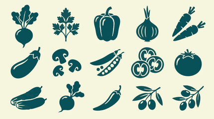 Fototapeta premium Collection of Fresh Vegetables and Fruits Silhouette Icons on Light Background