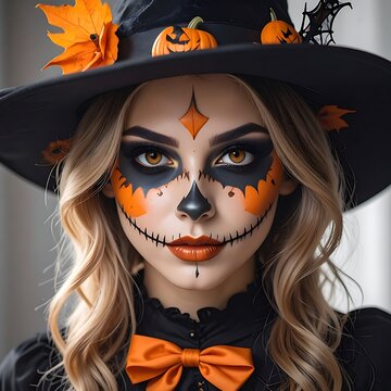 A woman with Halloween makeup and a witch hat