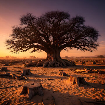 Ancient, gnarled tree stands alone in a clear-cut landscape at sunset, symbolizing ecological devastation and nature's enduring resilience amidst environmental change