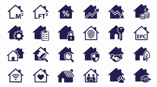 Real estate and housing vector icons set: property management, finance, security