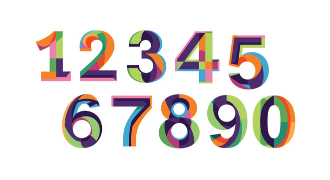 Collection of colorful abstract numbers from zero to nine with modern geometric patterns and vibrant overlapping colors.