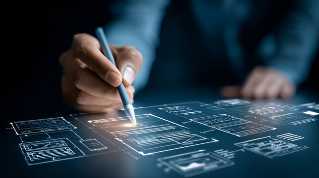 Low code no code development platform concept with professional using stylus on digital interface, application builder tools, cloud integration, and workflow automation for efficient software creation