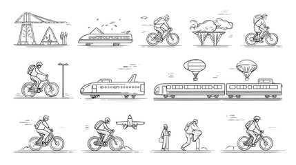 Obraz premium Methods of Movement Line Editable Icons set. Vector illustration in a modern thin line style depicting different types of land, water and air transport and people moving. Stock Vector