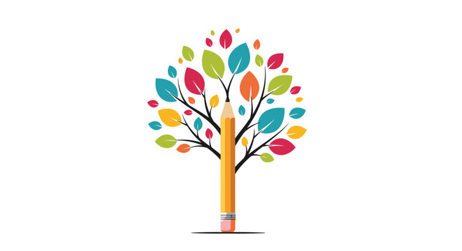 Creative illustration of a wooden pencil forming the trunk of a tree with vibrant multi colored leaves symbolizing education and art.