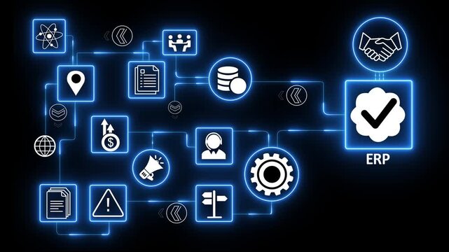 Enterprise resource planning system with integrated business process management and data workflow optimization .4K animation video.