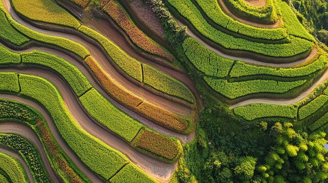 hillside. Terraced hillside farmland with multicolored crops under golden hour light from above. travel magazines, destination branding, designed for outdoor magazines and nature guides.