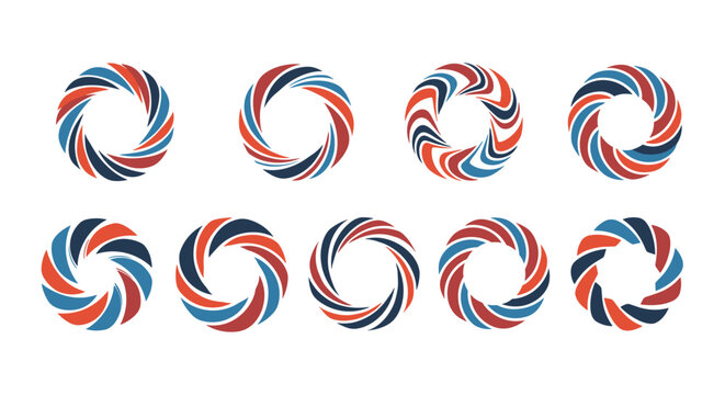 Set of circular swirl icons with a dynamic rotating motion in shades of red and blue symbolizing energy flow or mechanical parts.