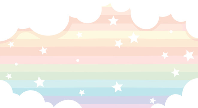 Dreamy pastel rainbow background with horizontal stripes decorated with white fluffy clouds and sparkling stars in a soft color.