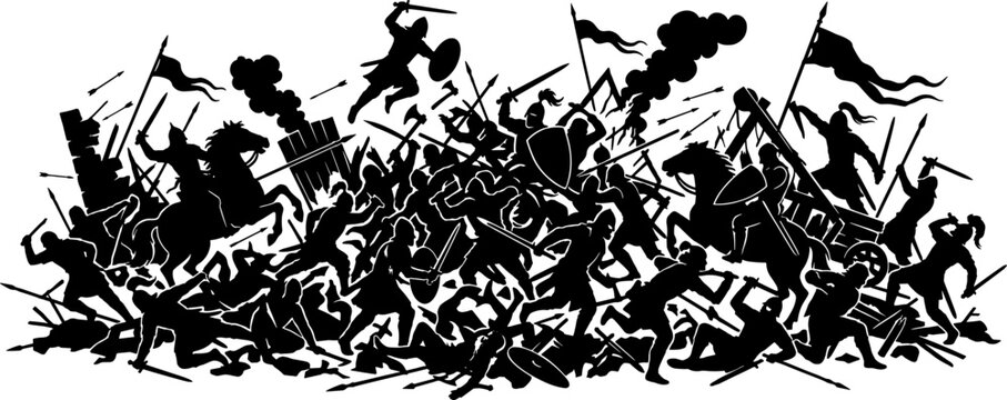 Medieval war scene with knights and horses silhouette