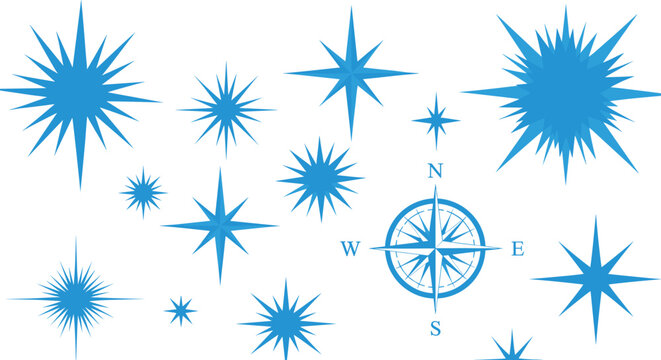 Collection of various blue star shapes and a classic compass rose icon representing navigation direction and celestial elements.