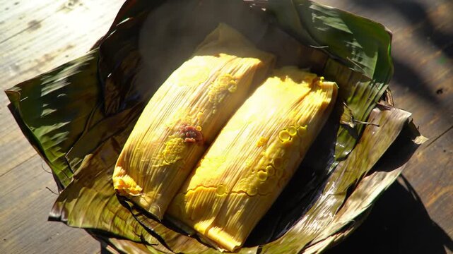 Steaming tamales in a rustic setting with vibrant yellow and green hues