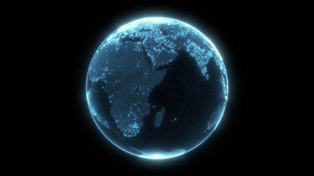 Digital blue glow dotted planet earth loop animation isolated on a black background. Rotating stylized world globe with square particles. Big data technology, communication, or digital concept