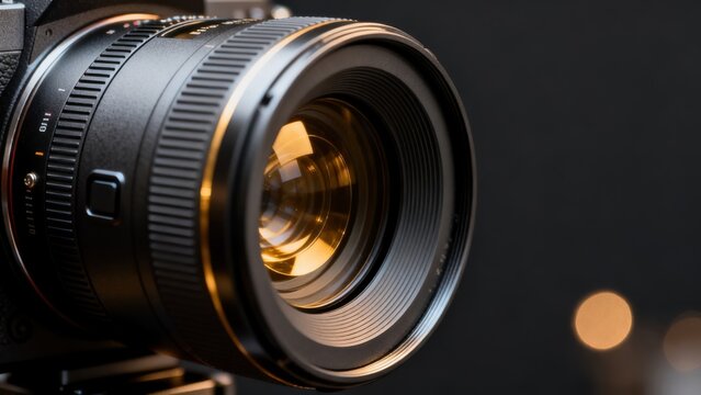 Closeup of camera lens with bokeh