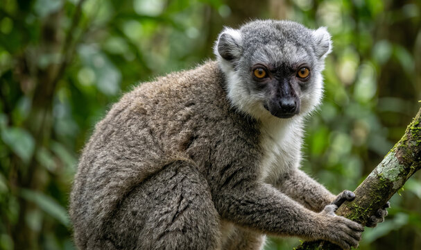 Gray-headed lemur sitting on a tree branch