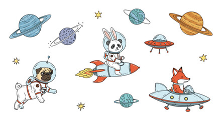 Naklejka premium Playful space adventure scene with a dog, panda, and fox wearing spacesuits while flying in rockets and UFOs among planets.