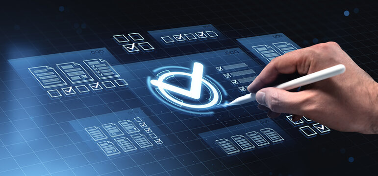 Digital checklist interface with glowing icons and hand using stylus for document verification in futuristic modern business concept.