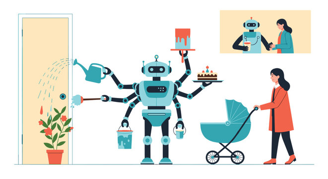 Modern illustration of a multi-tasking domestic robot helping a woman with house chores like cleaning, watering, and serving.