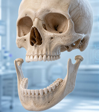 A highly detailed 3D medical illustration of a human skull with an exploded view of the mandible (lower jaw). The image showcases the anatomical structure of the teeth, jaw joint, and cranial bones 