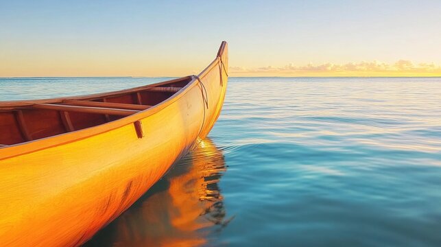 outrigger. Traditional Polynesian canoe on calm water with a wooden outrigger in golden light. event programs, museum guides, designed for cultural heritage projects and event programs.
