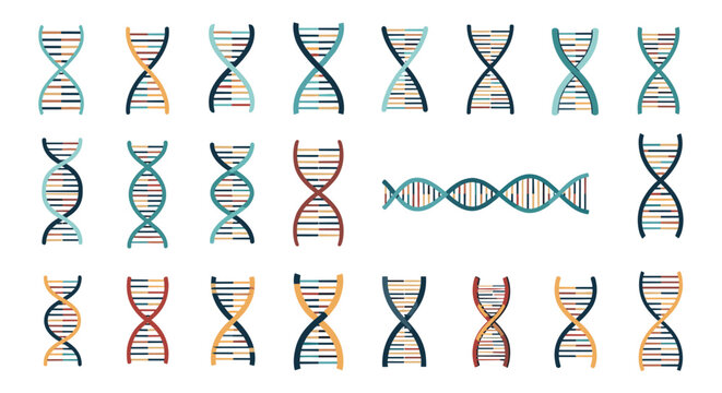 Large collection of DNA double helix strands in various colors and hand-drawn styles used as scientific design elements.